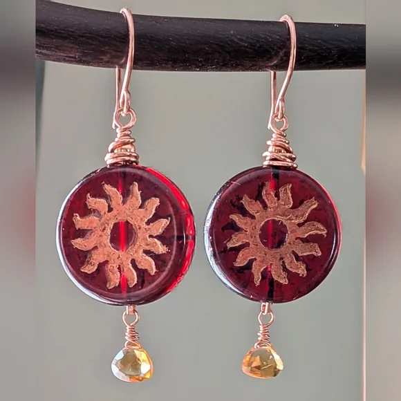Celestial Sun Earrings Artisan Crafted Copper Wrap Congnac Citrine Drops - Picture 10 of 16